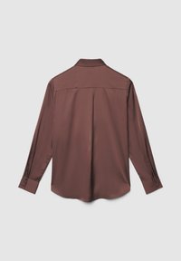 Long-sleeve brown satin shirt laid flat, viewed from the back, showing collar, cuffs with buttons, and central pleat.