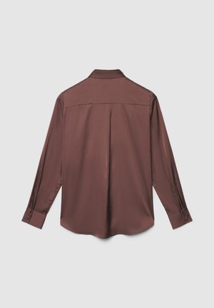 Long-sleeve brown satin shirt laid flat, viewed from the back, showing collar, cuffs with buttons, and central pleat.