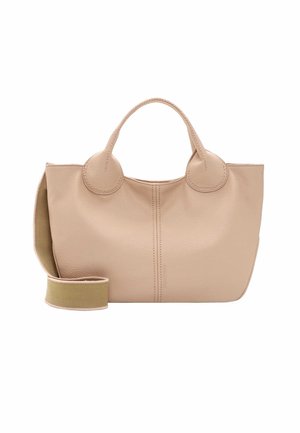 Beige leather handbag with a textured finish, rounded side accents, double handles, and a detachable fabric strap in a contrasting color.