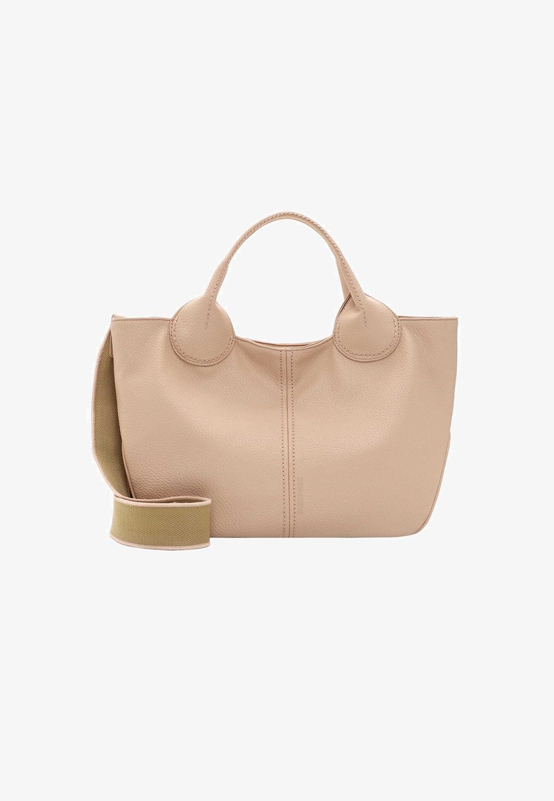 Beige-nahkainen käsilaukku, jossa on teksturoitu pinta, pyöreät sivuominaisuudet, kaksoiskäsittelyt ja irrotettava kangasolkku, jossa on kontrastiväri.
