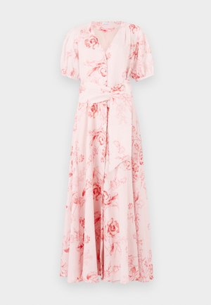 Kergelt roosast värvist lillemustriga maxi kleit punaste lilledega. Omab lühikesi puffvarrukaid, V-kaelust, seotud vööd ja voolavat seelikut.