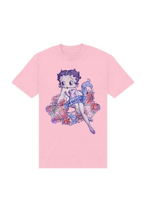 Lyserød bomulds t-shirt med et vintage tegnefilmsfigur omgivet af farverige roser og et blåt banner med tekst.