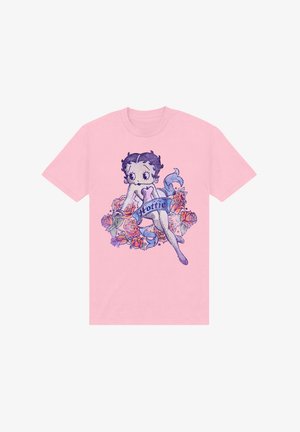 Różowa bawełniana koszulka z vintage'ową postacią z kreskówki otoczoną kolorowymi różami oraz niebieską wstęgą z tekstem.