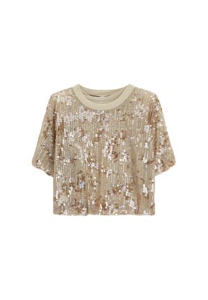 Top corto beige a maniche corte con collo rotondo, decorato con paillettes lucide rosa chiaro e argento a motivi verticali.