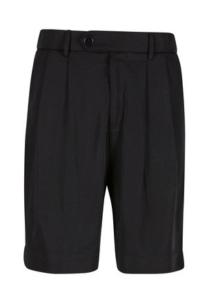 Sorte shorts laget av stoff med glatt tekstur, med folder, knappelukking og oppbrettet hem for en strukturert look.