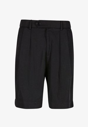Sorte shorts laget av stoff med glatt tekstur, med folder, knappelukking og oppbrettet hem for en strukturert look.