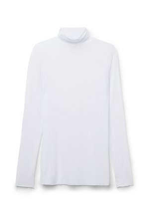 Biała bluzka z długim rękawem i golfem, wykonana z miękkiego, gładkiego materiału. Charakteryzuje się dopasowanym krojem oraz wysokim, zwiniętym kołnierzem.