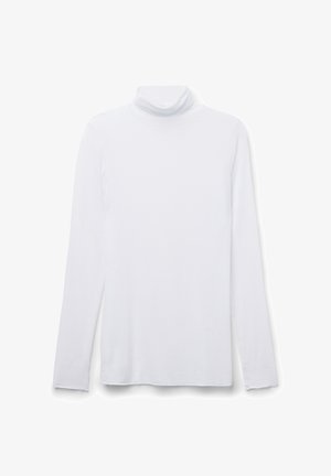 Witte langemouwen turtleneck shirt gemaakt van zachte, gladde stof. Heeft een aansluitend ontwerp en een hoge, opgerolde hals.