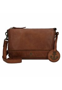 Borsa a tracolla in pelle marrone con un charm a forma di ancora rimovibile, caratterizzata da una finitura testurizzata e una tracolla regolabile.