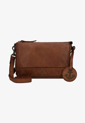 Braune Leder Umhängetasche mit einem abnehmbaren Anker-Anhänger, mit einer strukturierten Oberfläche und einem verstellbaren Tragegurt.
