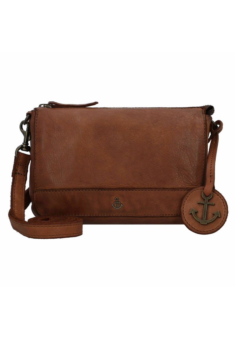 Borsa a tracolla in pelle marrone con un charm a forma di ancora rimovibile, caratterizzata da una finitura testurizzata e una tracolla regolabile.