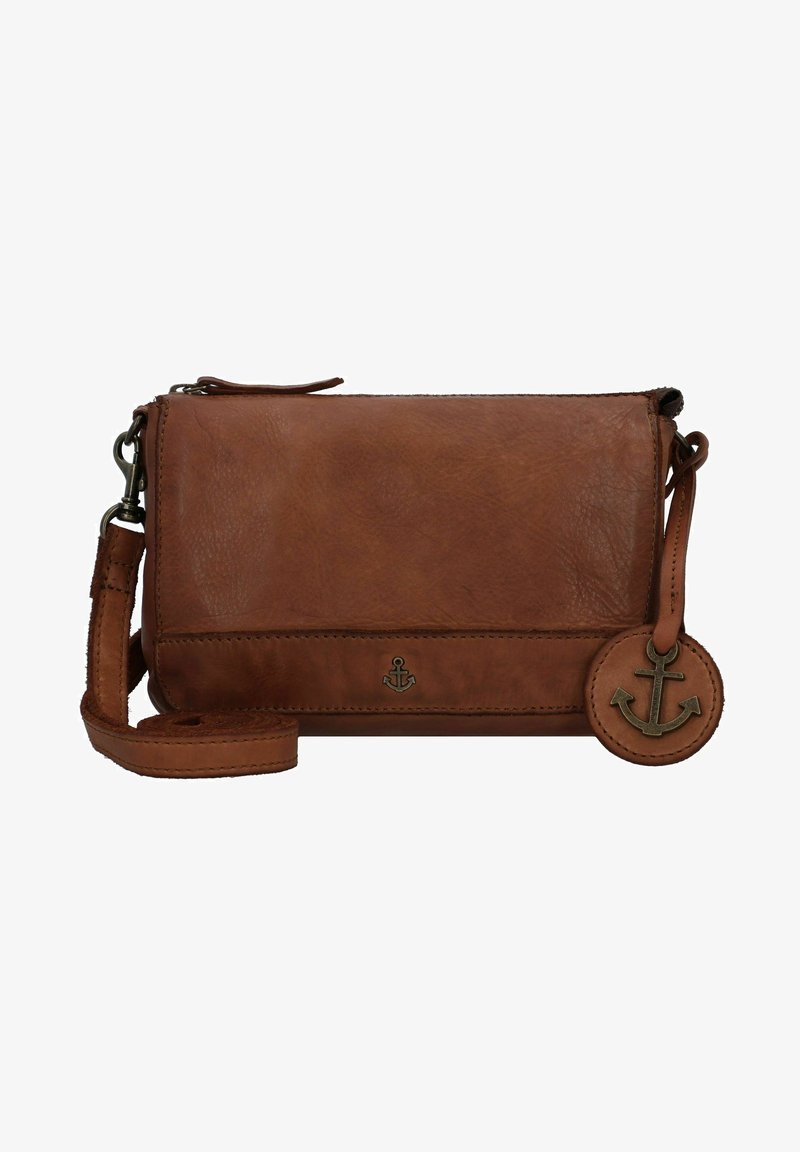 Braune Leder Umhängetasche mit einem abnehmbaren Anker-Anhänger, mit einer strukturierten Oberfläche und einem verstellbaren Tragegurt.