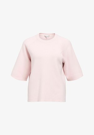 Hellrosa T-Shirt mit kurzen Ärmeln und Rundhalsausschnitt, legerer Passform und leicht weiter geschnittenen Ärmeln, auf weißem Hintergrund dargestellt.