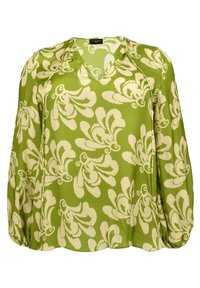 Blusa verde con scollo a V, maniche lunghe e motivo floreale in crema. Tessuto leggero con una textura liscia e polsini arricciati.
