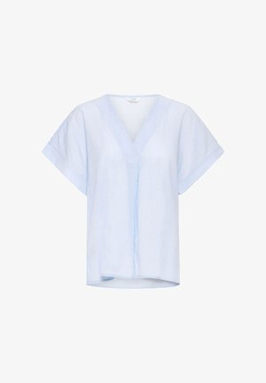 Lyseblå bluse med korte ærmer, V-hals og løs pasform. Tekstureret stof med diskrete lodrette striber og en midterste syning.
