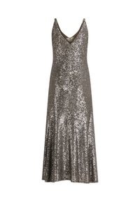 Robe à sequins scintillants de couleur argentée, avec un décolleté en V profond, des bretelles réglables et une jupe évasée qui atteint le milieu du mollet.