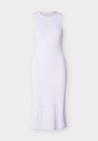 Αμάνικο, ανοιχτό μωβ midi φόρεμα Calvin Klein με στρογγυλή λαιμόκοψη και διακριτικό λογότυπο "cK" στο στήθος.