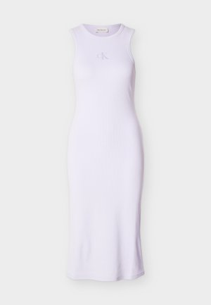 Αμάνικο, ανοιχτό μωβ midi φόρεμα Calvin Klein με στρογγυλή λαιμόκοψη και διακριτικό λογότυπο "cK" στο στήθος.