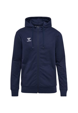 Marineblauwe ritshoodie met twee voorzakken, verstelbare trekkoordkap, en logo op de linkerborst. Gemaakt van een zachte katoenmix.