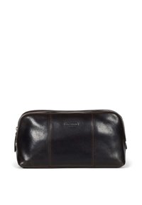 Borsa da toilette in pelle marrone, forma rettangolare, texture liscia, chiusura con zip, con logo frontale e dettagli di cucitura orizzontale.