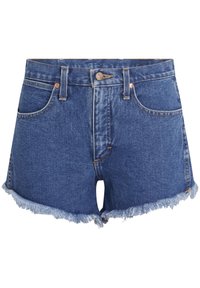Blue denim shorts with frayed hems, front button and zipper, belt loops, and two front pockets with copper rivets.