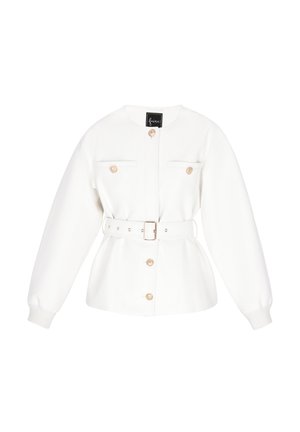 Witte jas met lange mouwen, ronde hals en knopenopening. Voorzien van twee borstzakken met gouden knopen en een tailleband voor aanpassing.