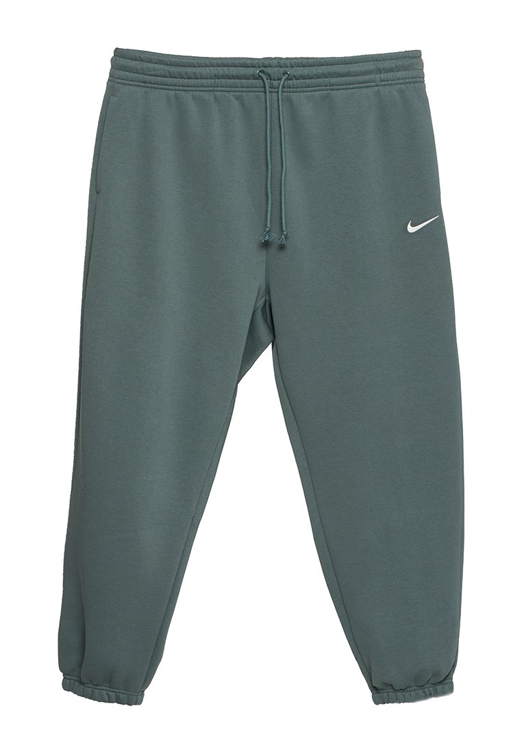 Grüne Jogginghose mit einem Kordelzugbund, Bündchen an den Knöcheln und einem weißen Nike-Logo auf der linken Seite. Hergestellt aus einem weichen, strukturierten Stoff.