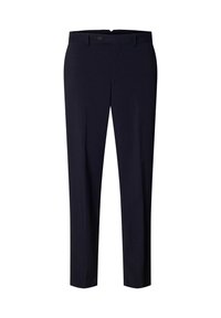 Pantalon formel pour homme bleu marine avec fermeture à boutons et zip, passants pour ceinture et coupe droite.