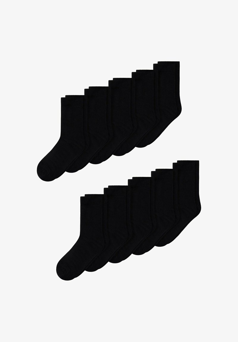 Due set di sei paia di calzini neri semplici, di lunghezza fino al polpaccio, disposti in file sovrapposte su uno sfondo bianco.