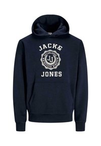Sudadera de color azul marino con un bolsillo tipo canguro en la parte frontal, gran logo en blanco que dice "JACK & JONES", puños y dobladillo acanalados. Material de mezcla de algodón.