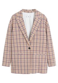 Beige karierter Blazer mit Reverskragen, einem schwarzen Knopf, zwei Fronttaschen und lockerer Passform. Hat ein Karomuster in Braun und Orange.