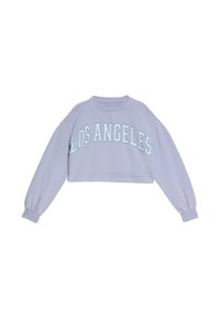 Ljuslila kortärmad sweatshirt med långa ärmar, prydd med "LOS ANGELES" i kontrasterande ljusblå bokstäver över bröstet. Mjuk textur.