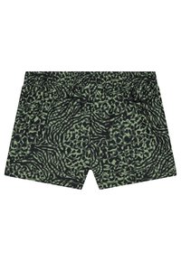 Zelene kupaćice s crnim uzorkom leoparda, elastičnim pojasom i mekanim, laganim materijalom.