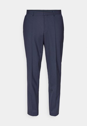 Marinefarbene Anzughose mit geradem Schnitt, aus strukturiertem Stoff, mit Vorderfalten, Gürtelschlaufen und seitlichen Taschen.
