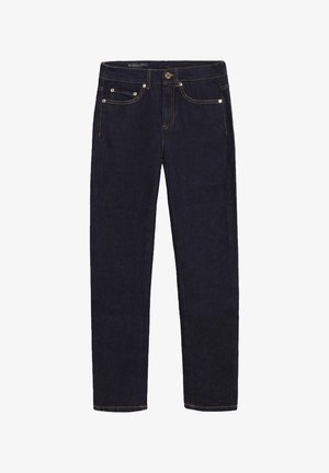 Donkerblauwe recht gesneden spijkerbroek met voorzakken, broekriemlussen en een voorste knoop met ritssluiting.