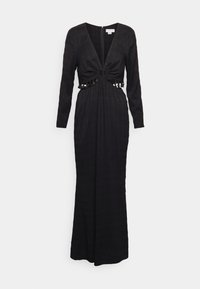 Robe noire à manches longues avec un décolleté en V profond, taille cintrée ornée d'un détail circulaire, et tissu lisse avec une texture subtile.