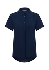 Navy short-sleeve shirt made of smooth fabric; features a rounded hem, collar, and a front button closure with matching buttons.