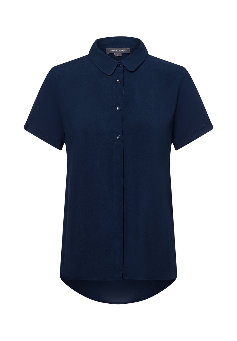 Navy short-sleeve shirt made of smooth fabric; features a rounded hem, collar, and a front button closure with matching buttons.