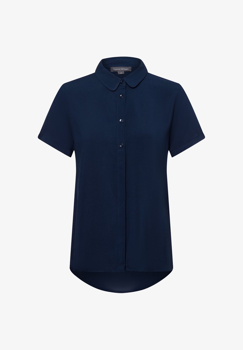 Navy short-sleeve shirt made of smooth fabric; features a rounded hem, collar, and a front button closure with matching buttons.
