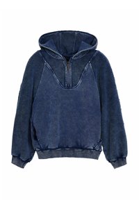 Felpa con cappuccio blu navy, con zip parziale sul davanti, tessuto strutturato, maniche raglan e polsini ed orlo elastici. Presenta una silhouette ampia.