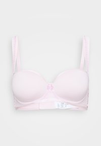 Helle rosa BH mit glatten, gepolsterten Cups, zarten Spitzenakzenten in der Mitte, verstellbaren Trägern und einem Haken- und Ösenverschluss auf der Rückseite.