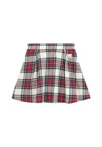 Falda de cuadros de algodón con plisados, que presenta un patrón en rojo, verde y azul sobre una base blanca. Incluye un acento en forma de oso en el bolsillo.