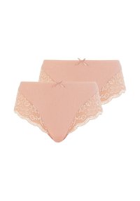 Culotte pêche avec dentelle, présentant un motif floral. Tissu doux, design taille basse, et agrémentée de petits nœuds sur la taille.