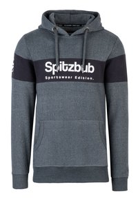 Grau Hoodie mit einem marineblauen Streifen, auf dem der Text "Spitzbub Sportswear Edition" steht. Enthält eine Vordertasche und eine Kordelzugkapuze.