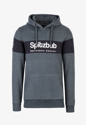 Grau Hoodie mit einem marineblauen Streifen, auf dem der Text "Spitzbub Sportswear Edition" steht. Enthält eine Vordertasche und eine Kordelzugkapuze.
