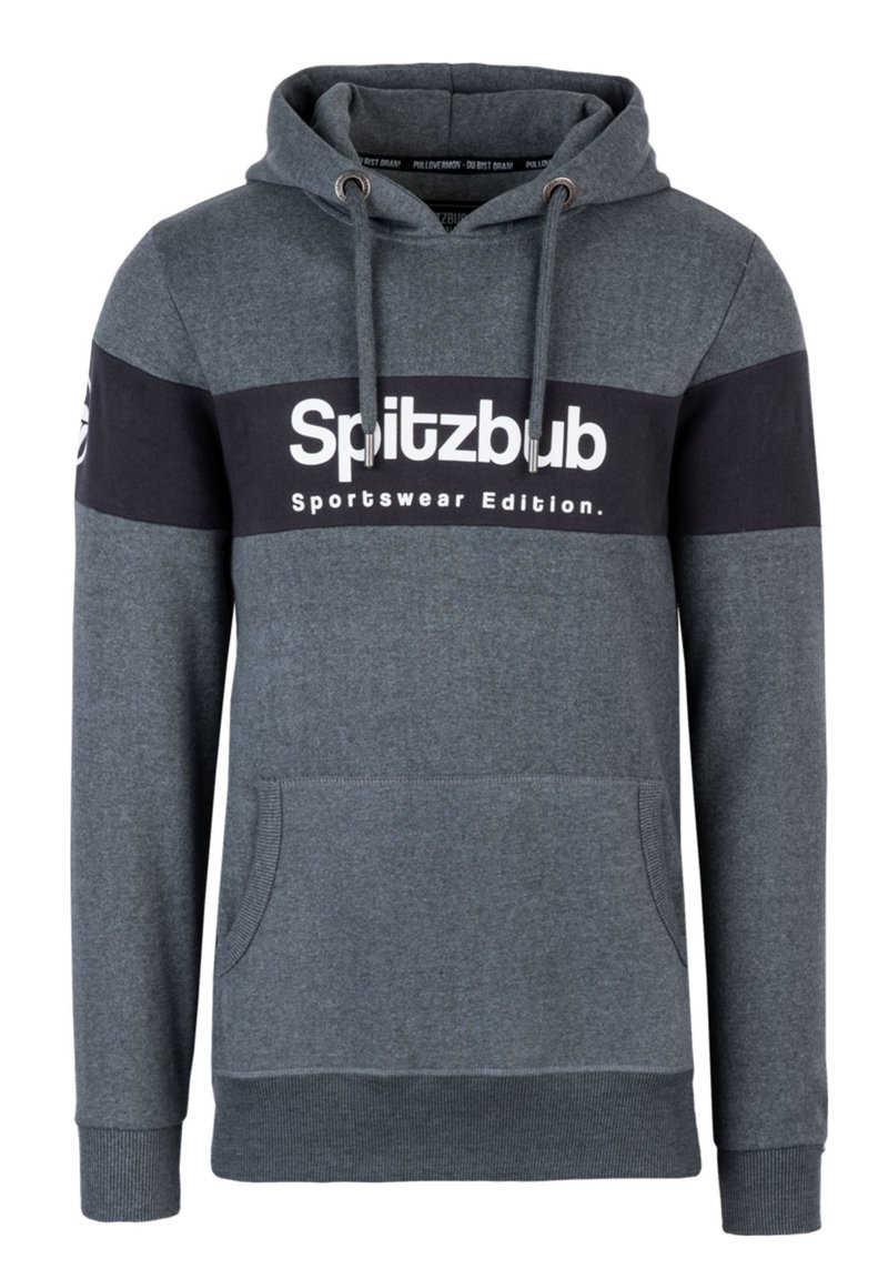 Grau Hoodie mit einem marineblauen Streifen, auf dem der Text "Spitzbub Sportswear Edition" steht. Enthält eine Vordertasche und eine Kordelzugkapuze.