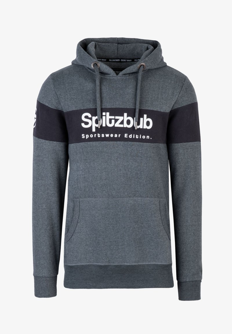 Grau Hoodie mit einem marineblauen Streifen, auf dem der Text "Spitzbub Sportswear Edition" steht. Enthält eine Vordertasche und eine Kordelzugkapuze.