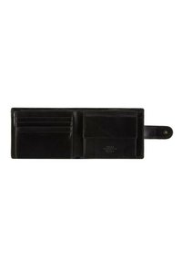 Portefeuille en cuir noir ouvert montrant six emplacements pour cartes, une poche plus grande et une fermeture à pression. Texture lisse avec un branding subtil.