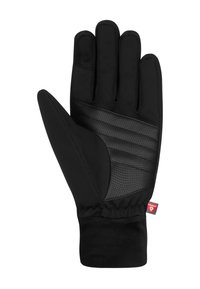 Black gloves made of a soft, flexible material featuring a textured, padded palm for grip. Includes elastic at the wrist for secure fit.