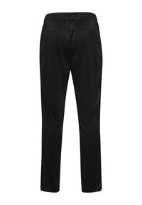 Pantalon de sport noir avec ceinture élastique, jambe droite et tissu lisse, vu de derrière.